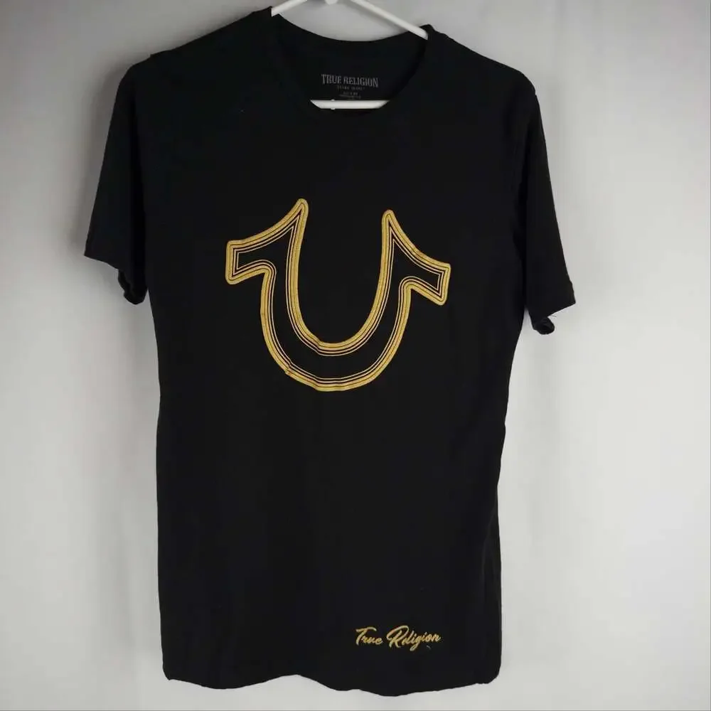 True Religion Men's Black T-Shirt with Metallic Gold Horseshoe Logo